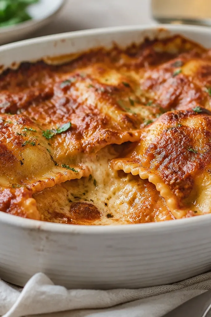 When you cut into the dish, the center looks creamy and cohesive, while the edges are slightly firmer with more browned cheese. The sauce looks reduced and clings to the ravioli.