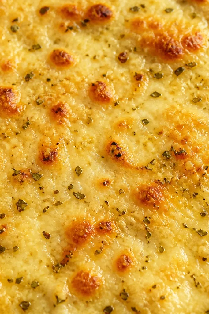 A golden cheese surface with visible green flecks of dried oregano and tiny garlic specks. The cheese has bubbles and a few darker toasted points.