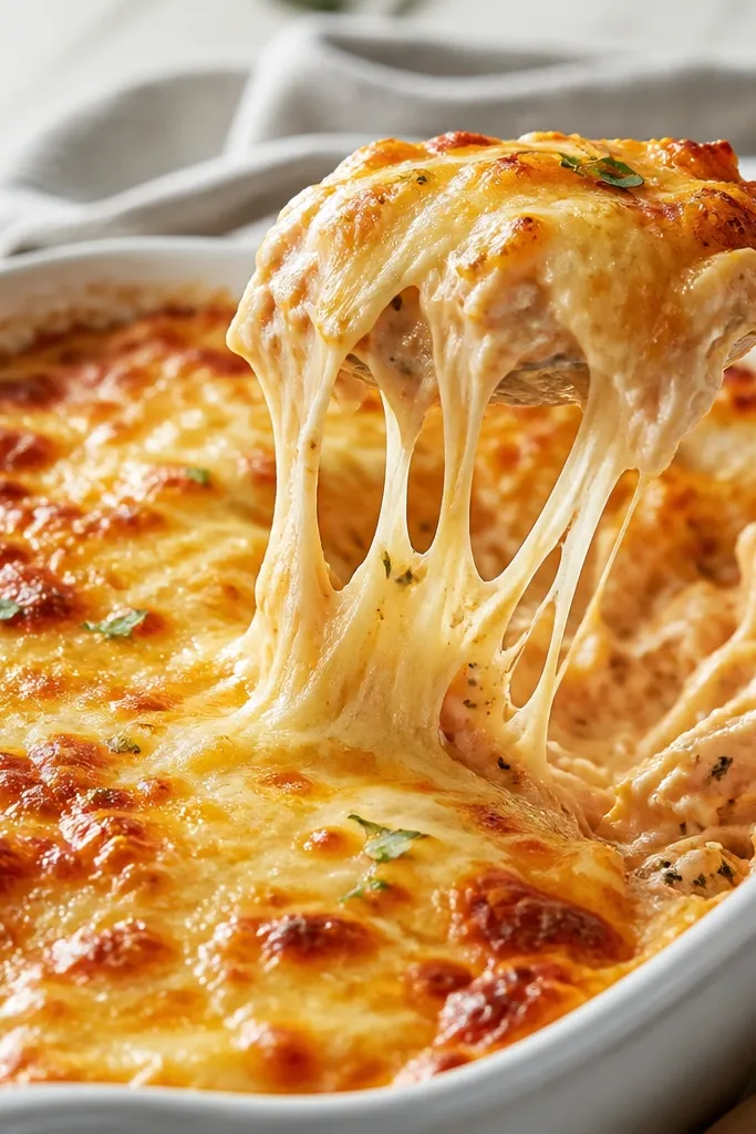 A spoonful pulled from the baking dish shows glossy melted cheese stretching upward. The surface around the spoon is golden and bubbly with a shiny, melted look.
