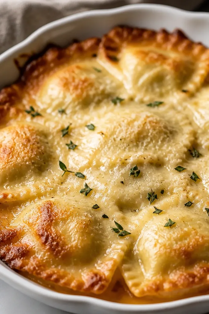 The top forms a raised, browned border around the ravioli like a crown. The center looks slightly flatter and creamier, while the edges are deeper gold.