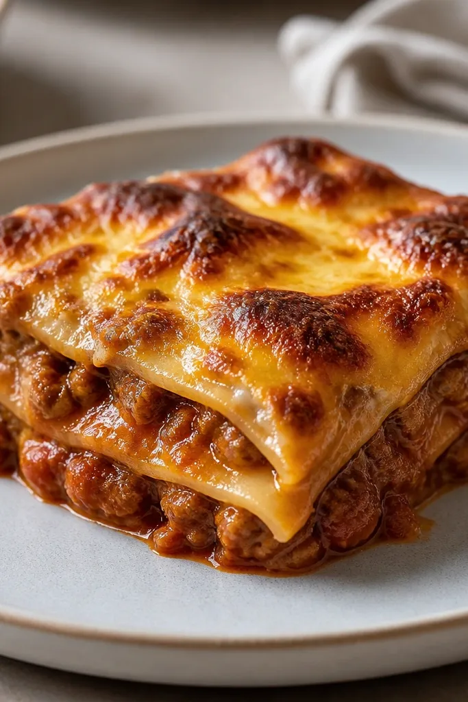 The cheese top looks slightly glassy in spots with larger blisters and crisp browned peaks. The sauce underneath looks thick and reduced, not runny.