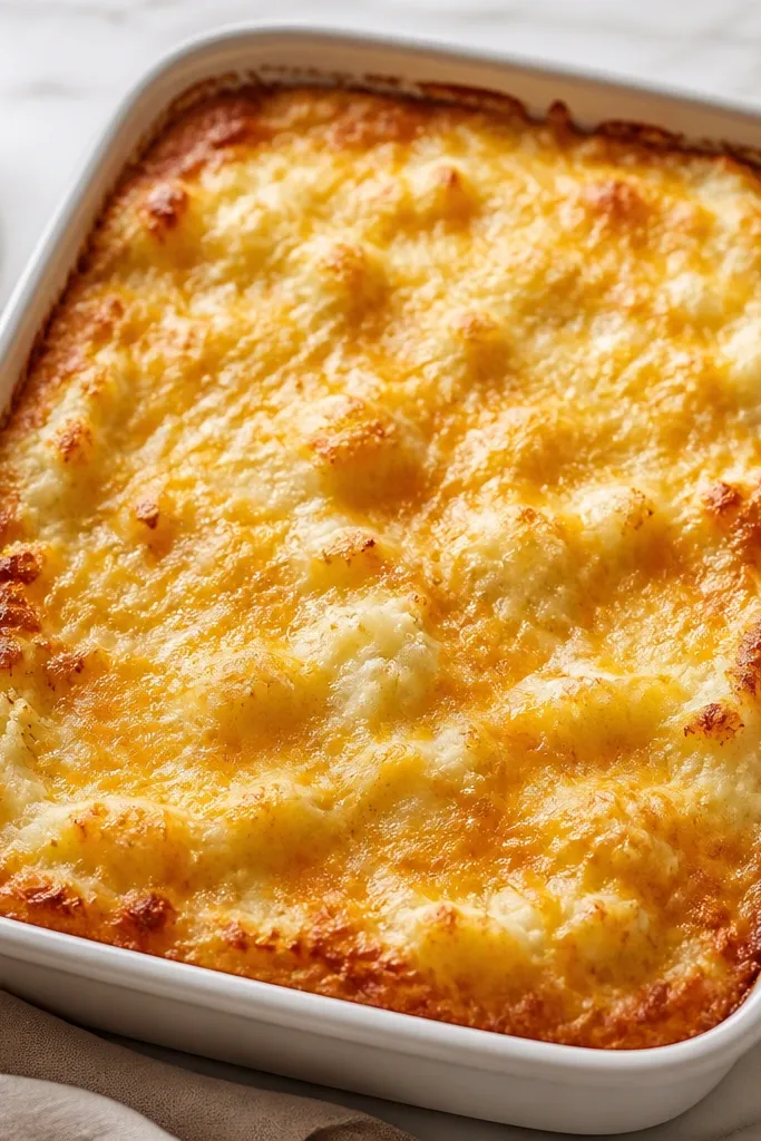 A rectangular baking dish filled with mashed potatoes. The surface is uneven and lumpy, with a thick golden layer of melted cheddar and speckled Parmesan. The edges are darker brown and crisp-looking.