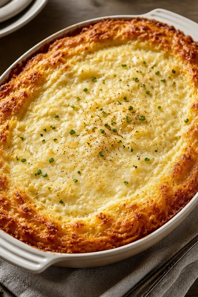 A casserole dish where the mashed potatoes are thicker along the perimeter. The outer 1 inch has a darker golden crust, while the center is slightly lighter and cream-colored beneath the cheese.