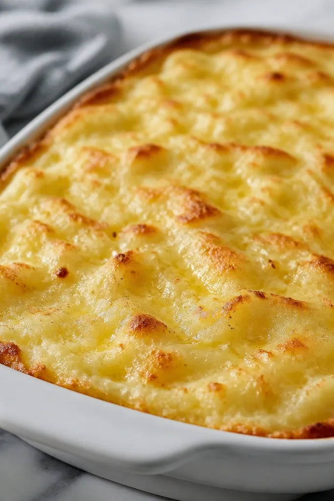 Mashed potatoes with a golden crust showing small darker freckles and a few shiny butter-drip spots. The top looks slightly glossy in places, with crisp browned patches.