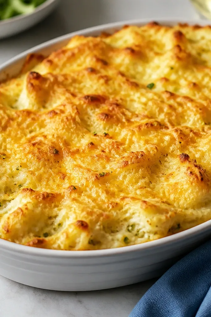 A baked mashed potato dish with a golden cheese top and visible tiny green flecks throughout, especially near the edges. The surface looks textured, not smooth.