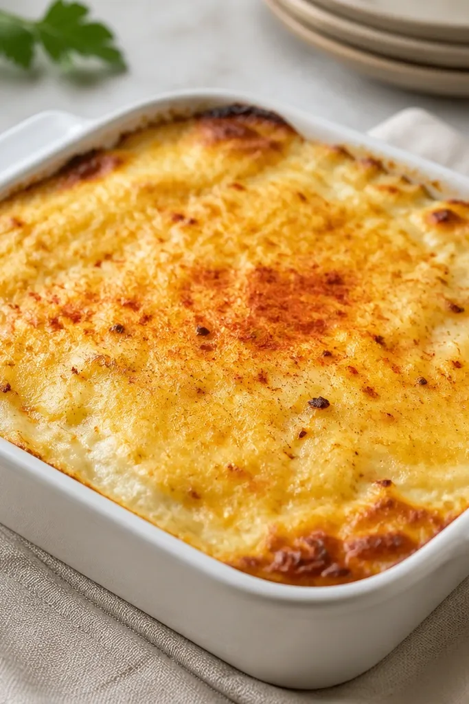 A dish of baked mashed potatoes with a golden cheese crust dusted with a light red-brown powder. The paprika is most noticeable at the center and corners, with some toasted specks.