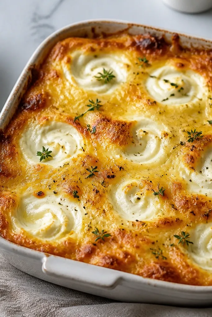 A baked dish where the surface has creamy white swirls peeking through melted cheese pockets. The cheese is golden around the swirls, with a few browned edges.