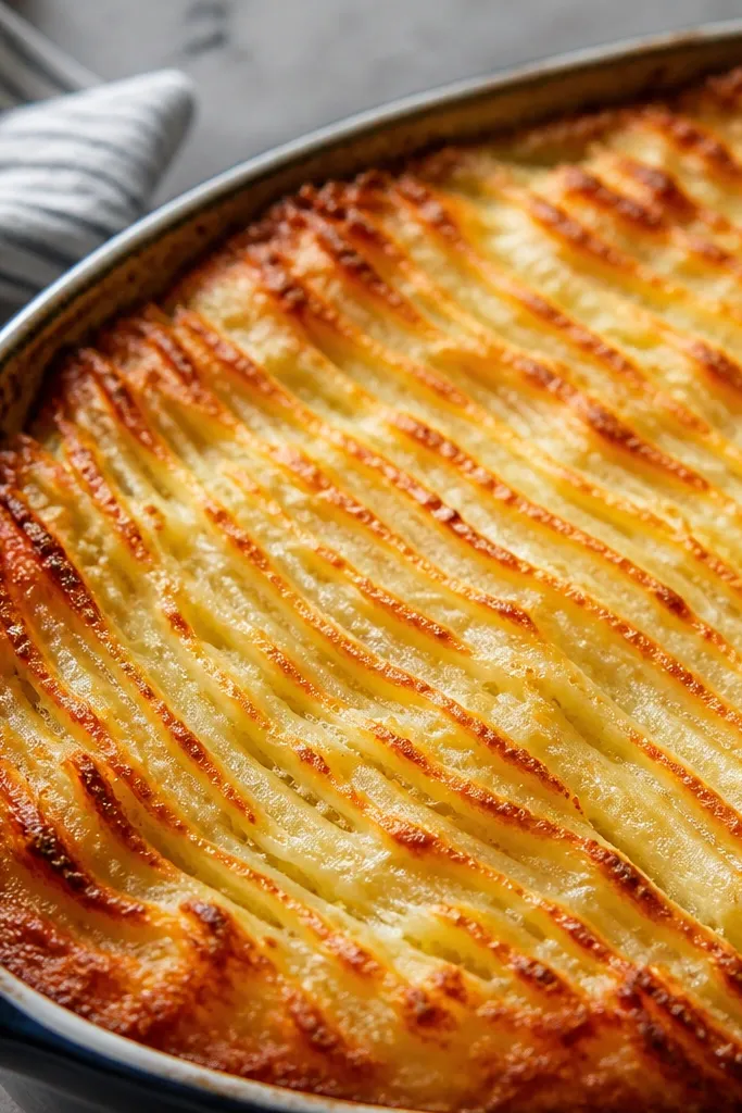 A baked mashed potato surface with clear ridges made by a fork. The cheese crust sits in the grooves, creating darker toasted lines and lighter golden peaks.