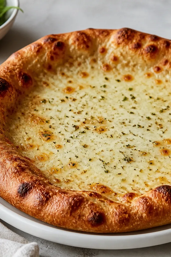 A dish where the edges are darker golden and the center is lighter, with a thinner cheese layer in the middle. The border looks thicker and more browned.