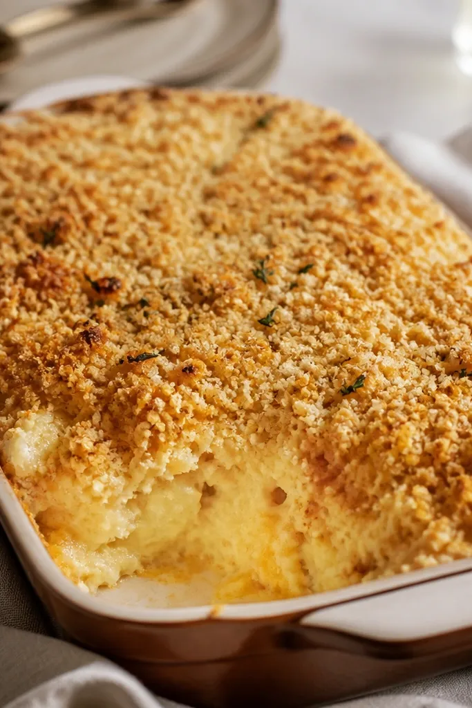 A baked mashed potato dish with a golden cheese base and a second crunchy layer of toasted breadcrumbs. The top looks dry and crackly, with visible crumbs.