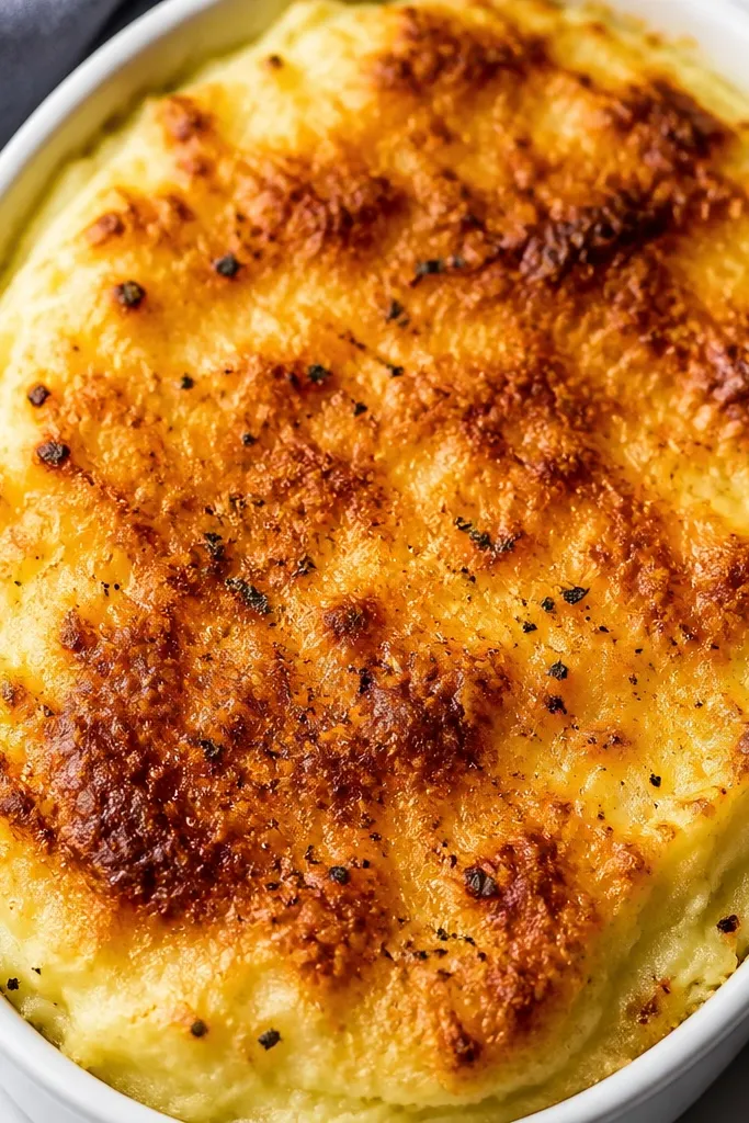 A baked mashed potato top with a golden cheese crust and fine specks of darker seasoning. The color shifts slightly toward deeper brown in patches.