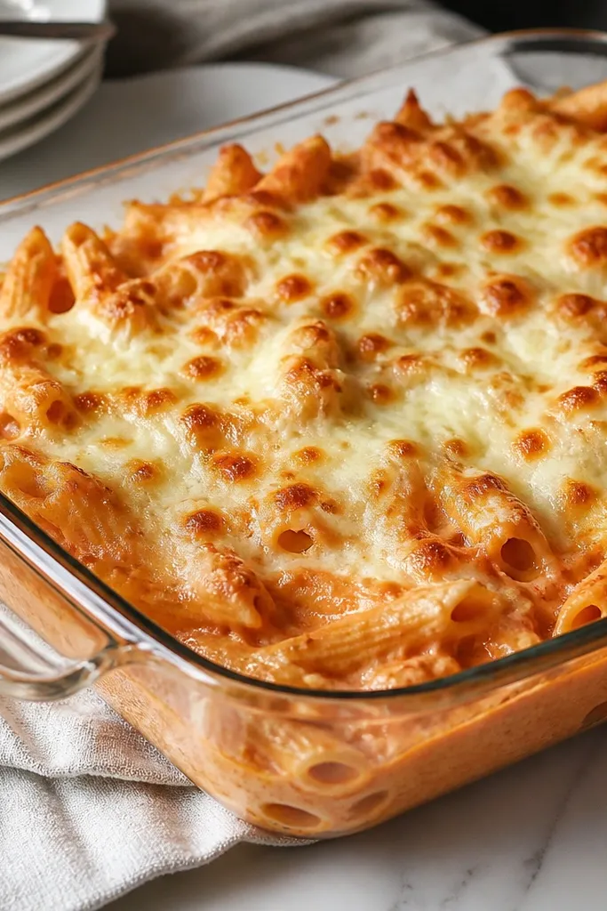 A glass baking dish filled with creamy vodka pasta. The top is covered in uneven, bubbly melted cheese with browned spots - golden-yellow edges and pale center bubbles.