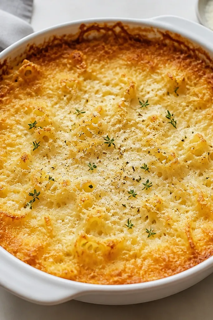 The pasta surface shows a thin, crisp-looking lace of browned parmesan around the edges, with fewer big bubbles in the center.