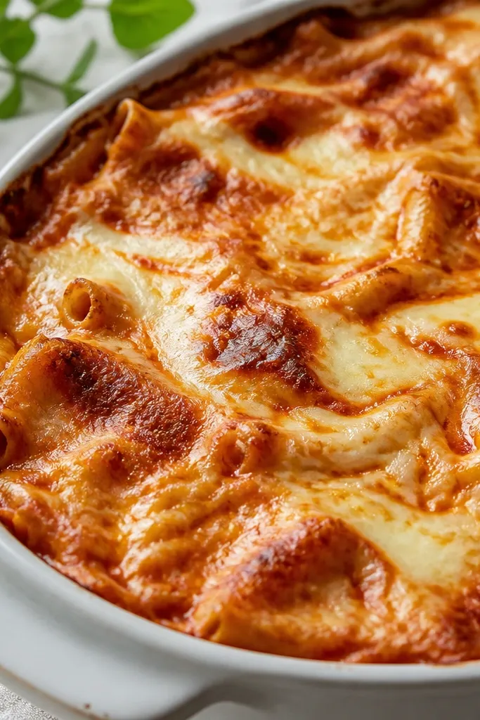 A baked pasta dish where melted cheese shows marble-like streaks. There are glossy swirls - some areas darker brown, some lighter creamy patches.