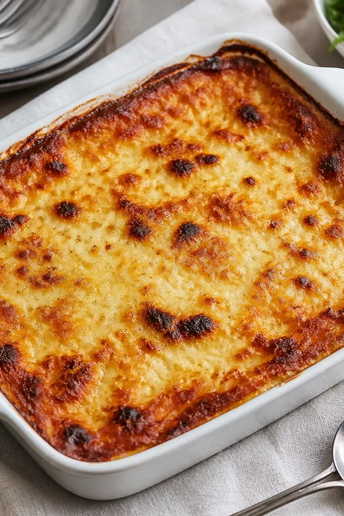 A casserole with a mostly browned cheese top and a few darker, char-kissed spots. The edges look deeper brown than the center.