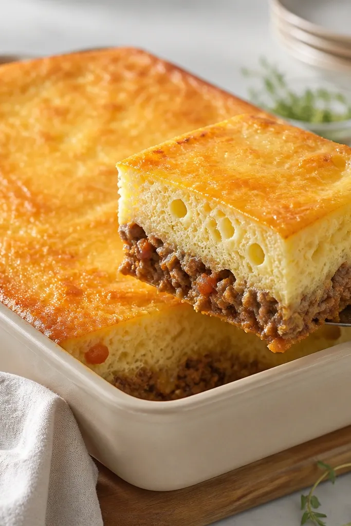 A casserole where the cheese top looks like a solid cap. When sliced, the cheese holds shape with bubbles trapped underneath.