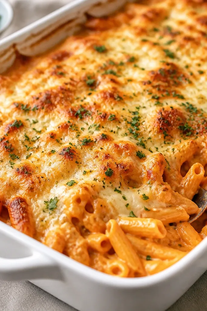 Baked vodka pasta with a bubbly cheese top. There are visible green herb flecks across the surface, mostly near the browned areas.