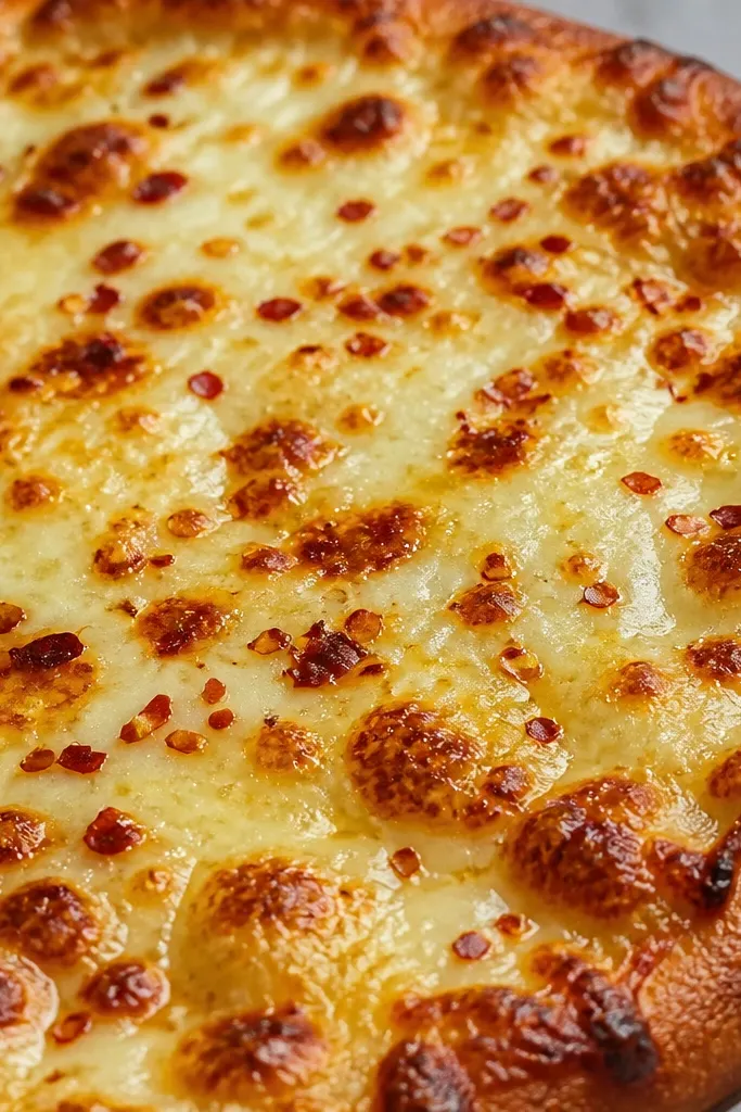 A bubbly cheese top with thin red pepper flakes scattered like confetti. The browned cheese shows crisp edges and darker caramel spots.