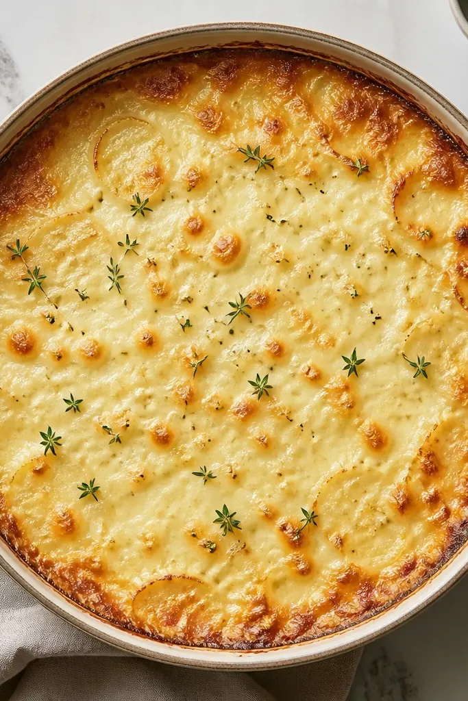 A shallower baking dish shows a browned rim around the edges and a creamier, lighter center. The cheese bubbles are smaller and tighter.