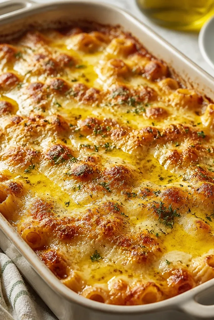 A baked pasta dish with glossy browned cheese. There are shiny streaks of golden garlic butter across the top, catching light.