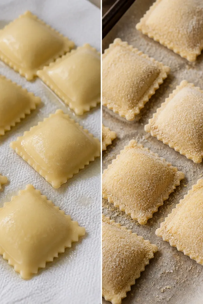Two images side by side. Left shows pale, damp-looking ravioli on a paper towel with visible water sheen. Right shows the same ravioli after being patted dry and coated, with a matte, slightly dusty surface ready for frying.