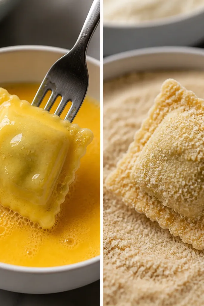 Close-up photo of ravioli dipped in beaten egg, showing a shiny coating. Next photo shows ravioli after a brief crumb contact, where the surface looks matte and textured with visible breadcrumb grains.