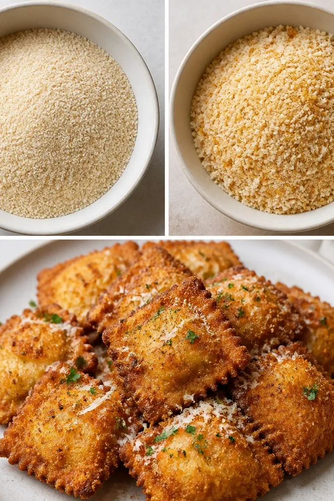 Two breadcrumb mixes in bowls. Left is plain breadcrumbs. Right is breadcrumbs with a speckled golden dusting of grated Parm. Third image shows finished fried ravioli with darker edges.