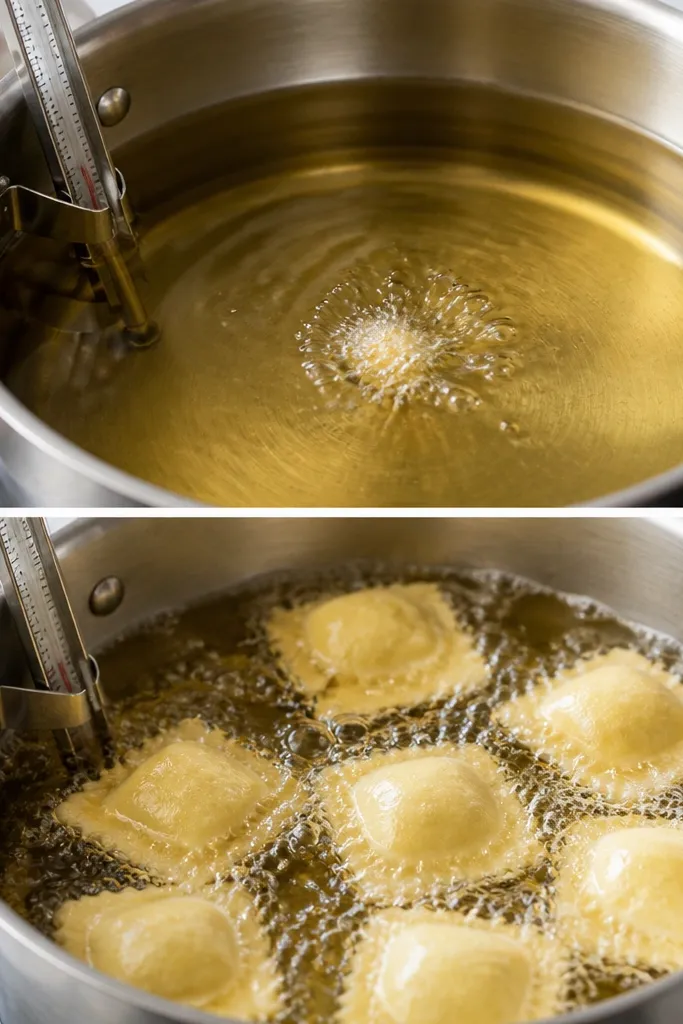 A pot of oil with a thermometer clipped to the side. A single breadcrumb dropped in makes rapid bubbles. Next image shows ravioli frying with steady fizz around each piece.