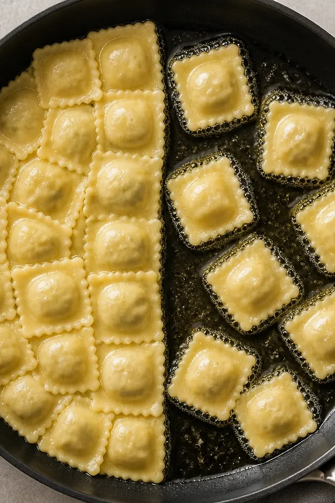 Top-down view of a skillet. Left side shows ravioli packed tightly, edges touching. Right side shows ravioli spaced apart with visible oil between them and a ring of bubbles around each.
