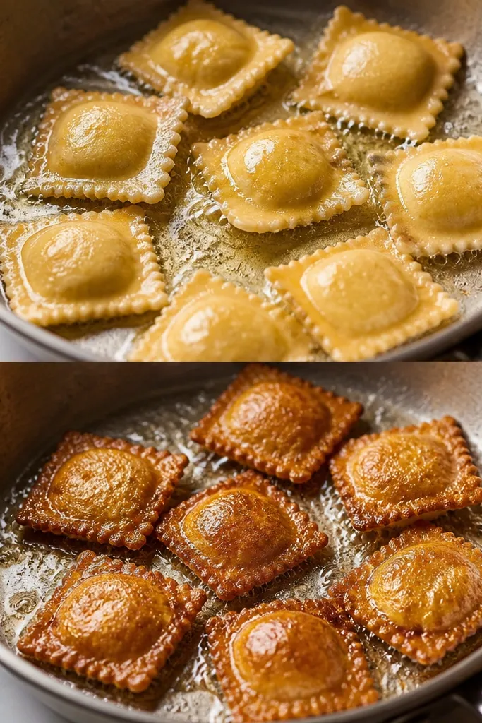 Two-step sequence photo. First image shows ravioli just after going in, light gold. Second shows them after flipping, with both sides evenly dark honey-brown.