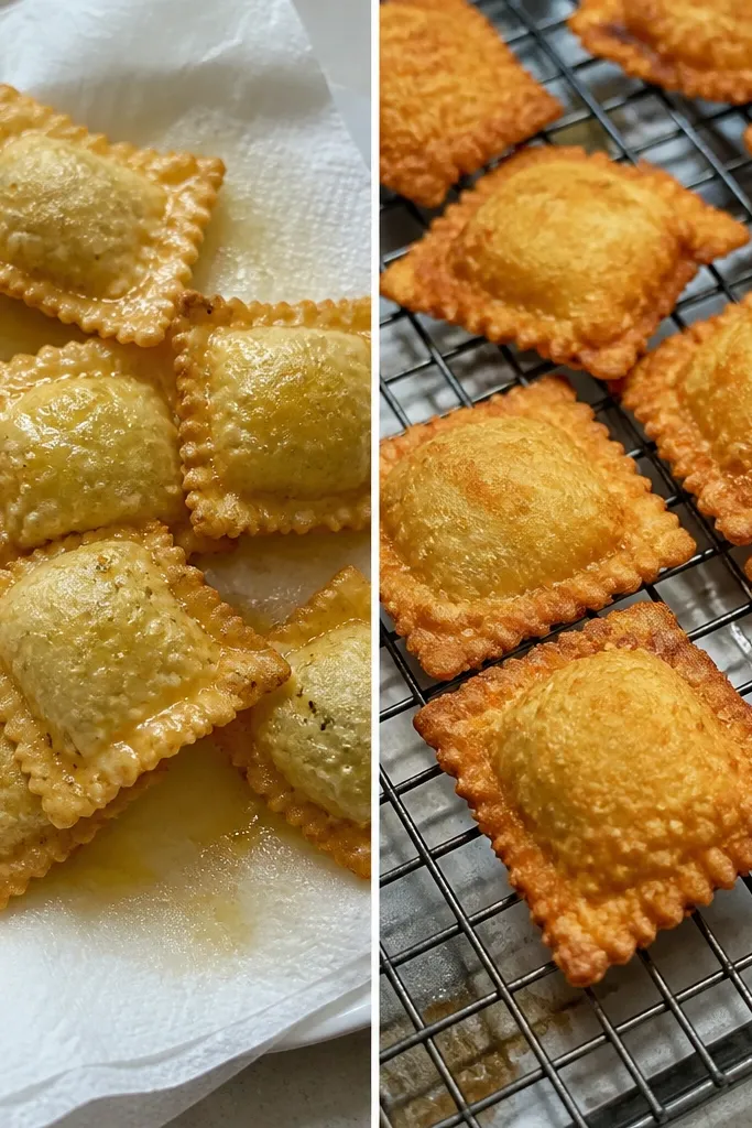 Left image shows ravioli drained on paper towels, with steam dampening the crust and pooling grease. Right image shows ravioli on a wire rack, crisp edges and a dry, crunchy look.