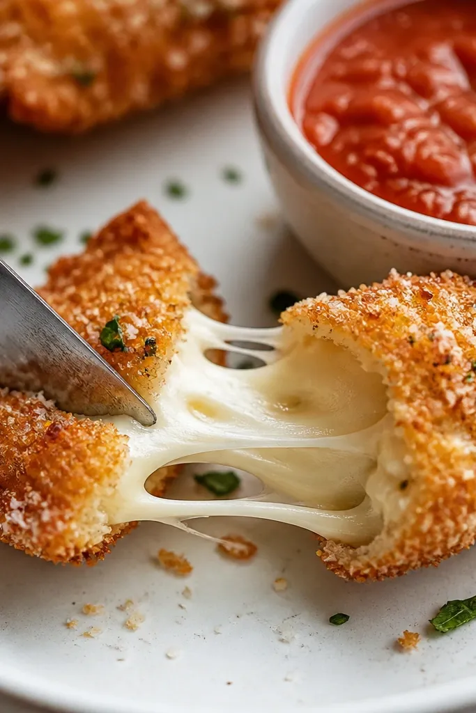 Close-up of a fried ravioli being cut open. Inside, cheese stretches in a glossy string. Nearby is a small bowl of marinara with visible bubbles.