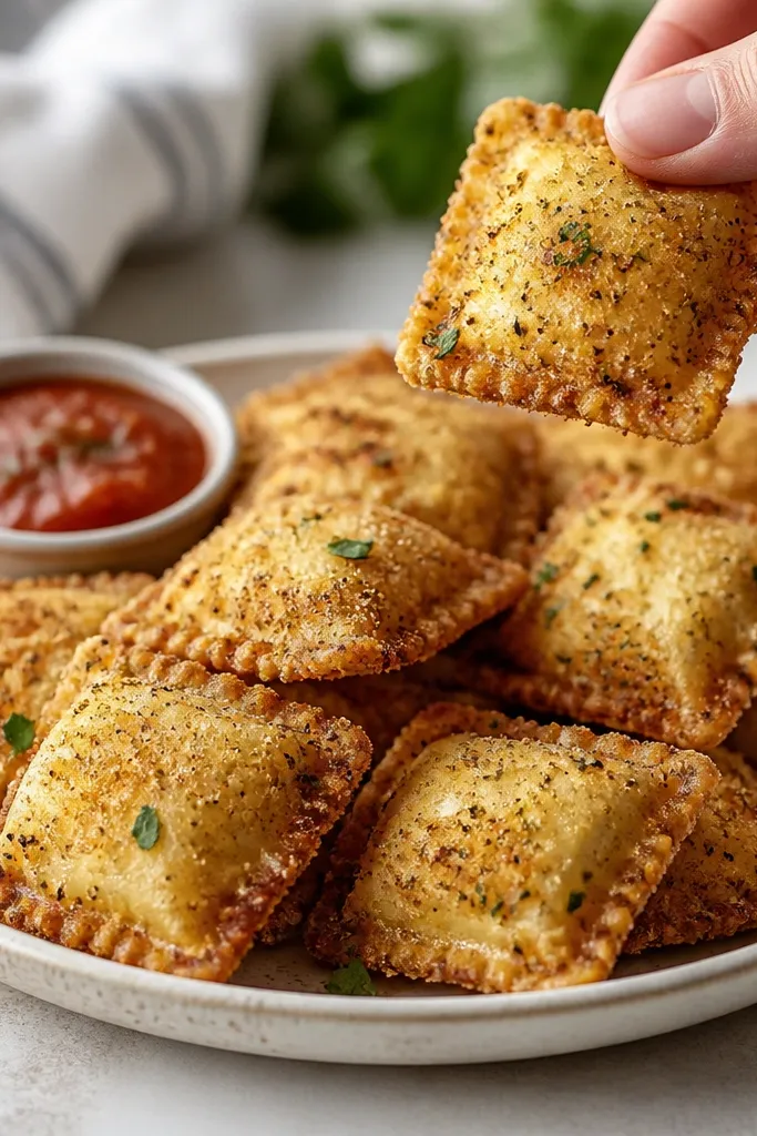 A plate of fried ravioli with visible speckles of pepper and herbs on the crunchy shell. One ravioli is held up to show the texture under bright light.