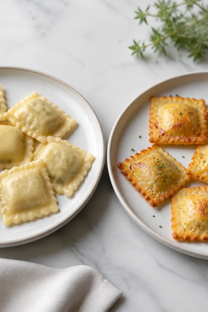 Two reheated plates. Left shows ravioli reheated in a microwave with soft, rubbery coating. Right shows ravioli reheated on a wire rack in an oven, crisp edges and golden color.