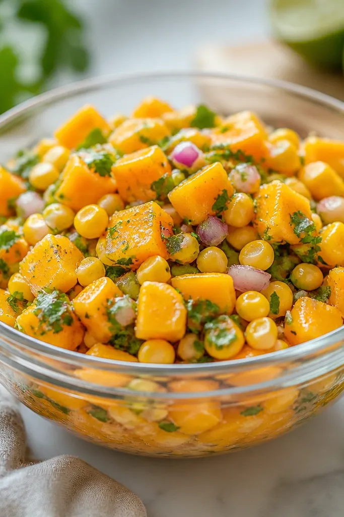A clear glass bowl filled with bright orange mango cubes and golden corn kernels. Red onion bits and chopped cilantro are scattered on top, with lime juice glistening under daylight.