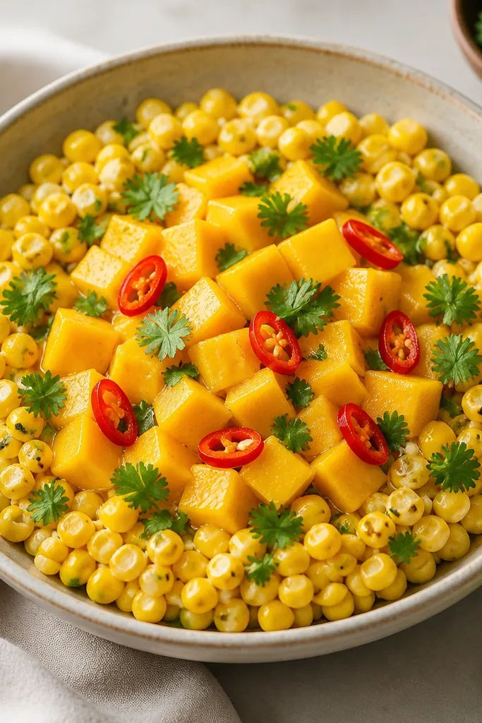 A shallow bowl where corn forms a ring around the edge, with mango concentrated in the center. The top has small cilantro leaves and a few chili slices.