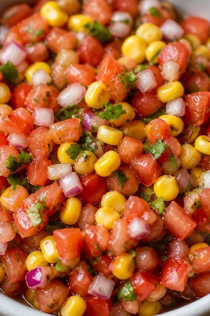 A close-up of salsa with evenly distributed tiny red onion pieces. The corn kernels are distinct, and cilantro is chopped into small flecks.