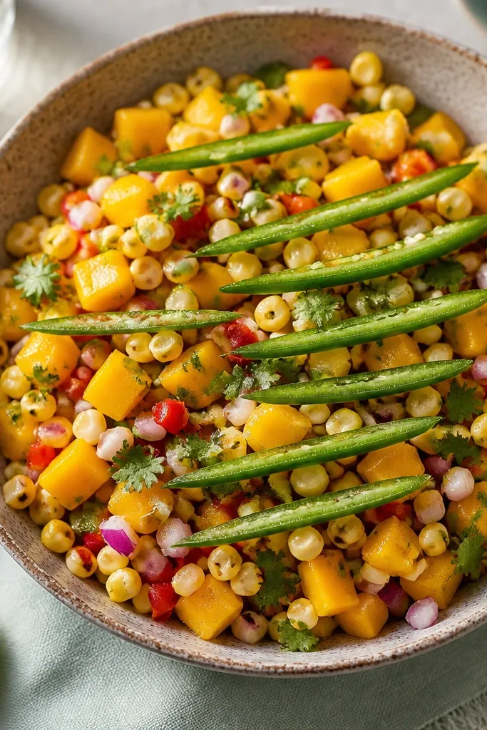 Mango corn salsa with thin strips of jalapeño laid on top like lines. The rest of the salsa is mixed but still chunky.