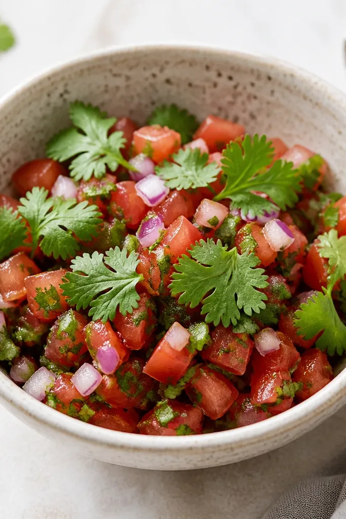 Whole cilantro leaves resting on top of the salsa, with chopped cilantro mixed in lightly underneath. The bowl looks airy and not packed.