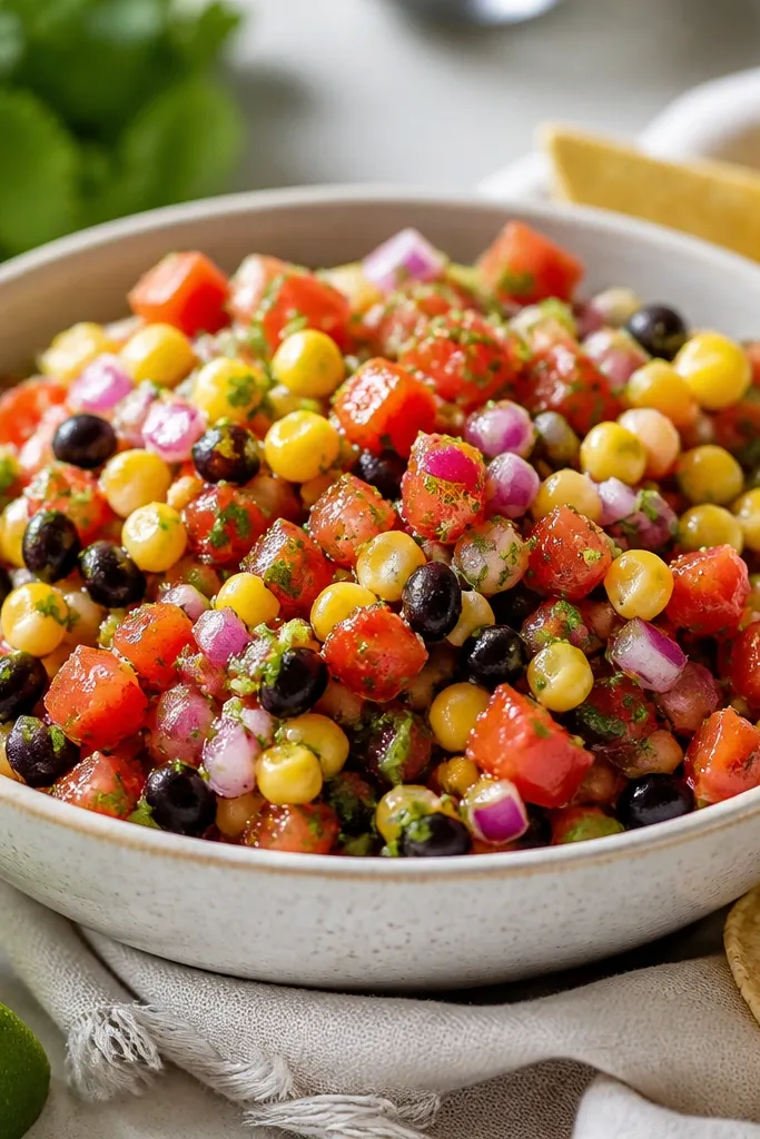 A bowl where the salsa surface looks glossy and slightly wet, with lime zest specks visible. Corn kernels shine under bright kitchen light.