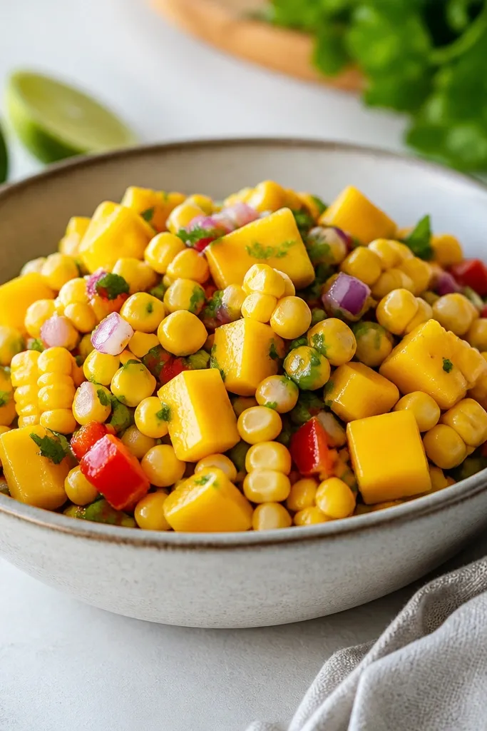Salsa made with whole corn kernels that look plump and crisp. The mango cubes are firm, and the mixture looks dry enough to mound.