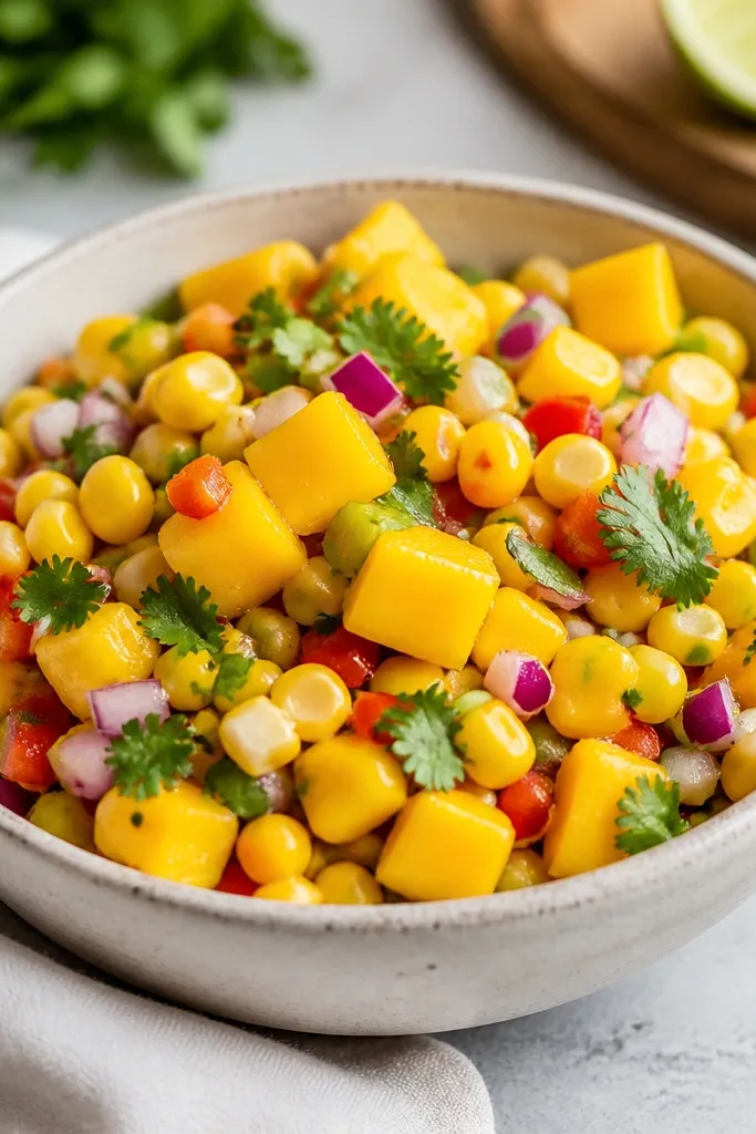 Salsa using thawed frozen corn with a bright, even color. The bowl has separated kernels and chunky mango pieces, not clumps.