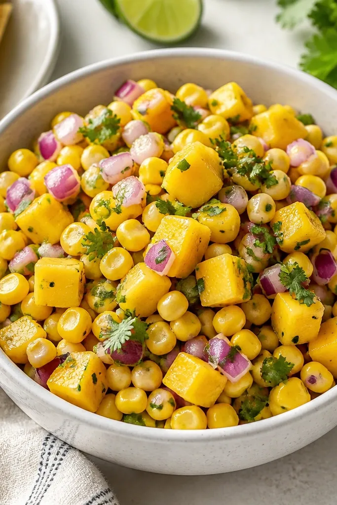 Salsa made with canned corn that looks bright and separated. Mango cubes are clearly visible, with red onion and cilantro scattered evenly.