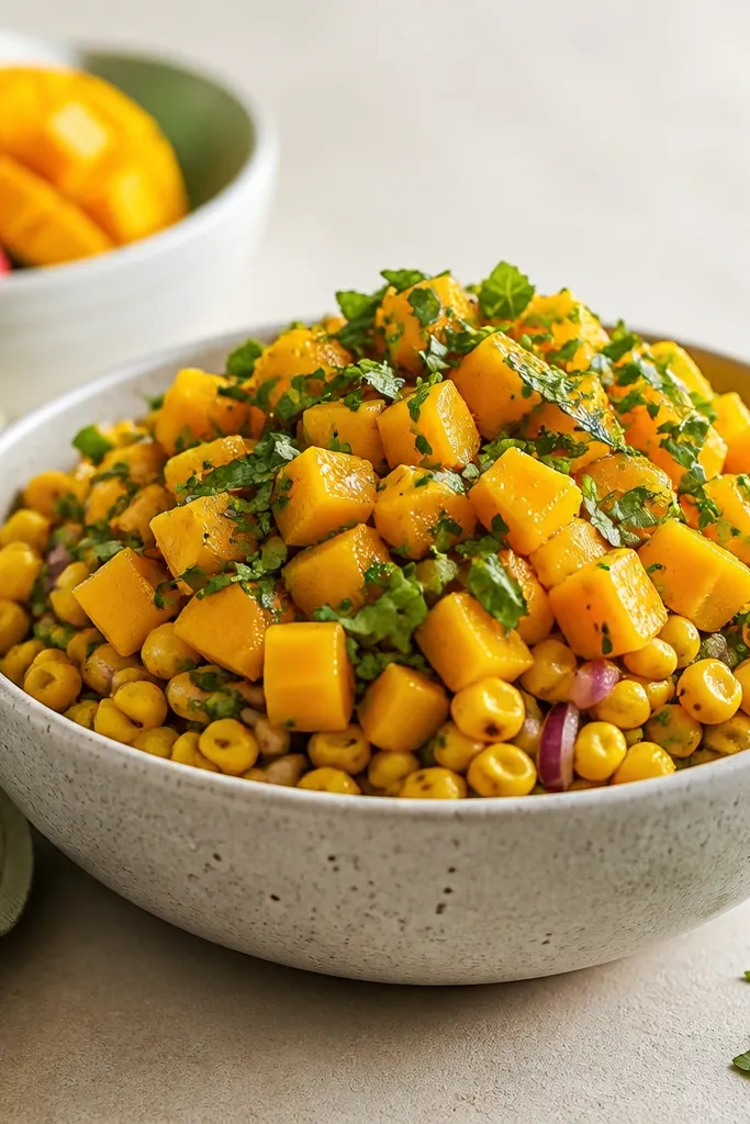 A bowl where ingredients look layered: corn at the bottom, mango on top, herbs sprinkled last. The top layer sits higher like a gentle mound.