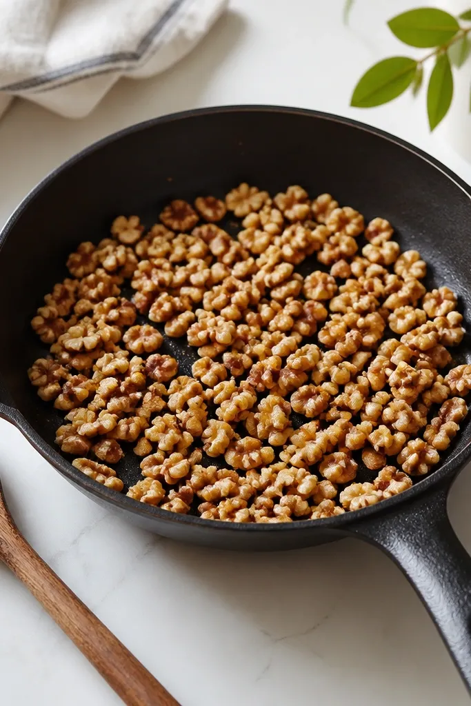 A small skillet on a white counter with chopped walnuts spread in a thin layer, turning from pale beige to golden brown, with a few darker pieces at the edges; a wooden spoon rests beside the pan.