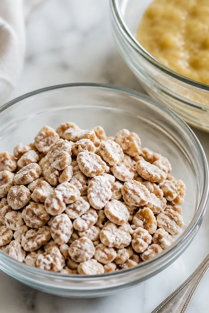 A glass bowl with chopped walnuts lightly dusted in white flour, looking like they have a thin powder coating; the bowl sits next to a spoon and a banana mash bowl.