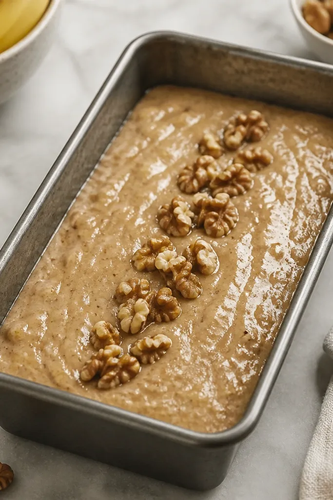 A raw loaf pan filled with banana bread batter, with several walnut chunks pressed on top in a rough line across the center; the batter surface looks glossy and slightly thicker around the pressed nuts.