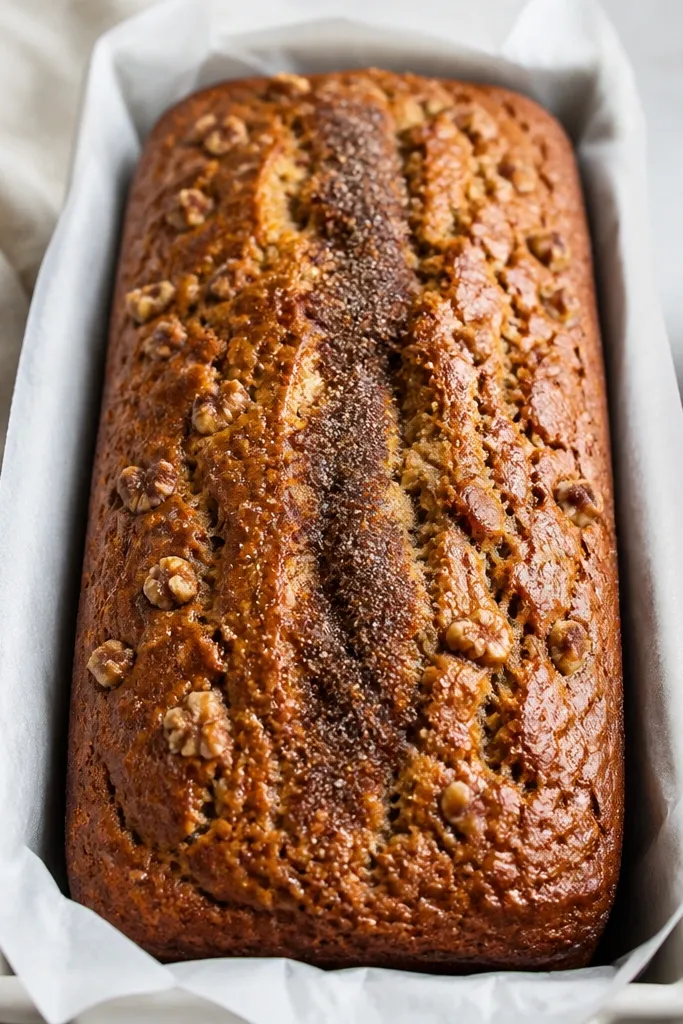 A baked banana bread loaf with a faint cinnamon-sugar line running down the center, surrounded by toasted walnut specks; the top has a glossy, lightly cracked look.