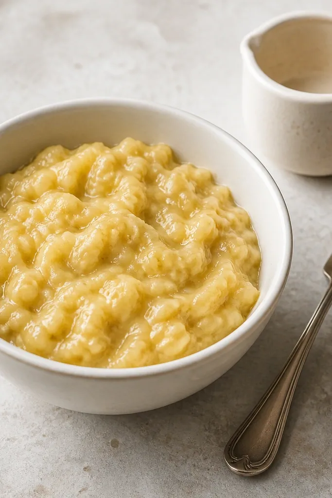 A bowl of mashed bananas with a thick, slightly chunky texture; you can see small banana lumps, not watery liquid; next to it, a fork and a small measuring cup.