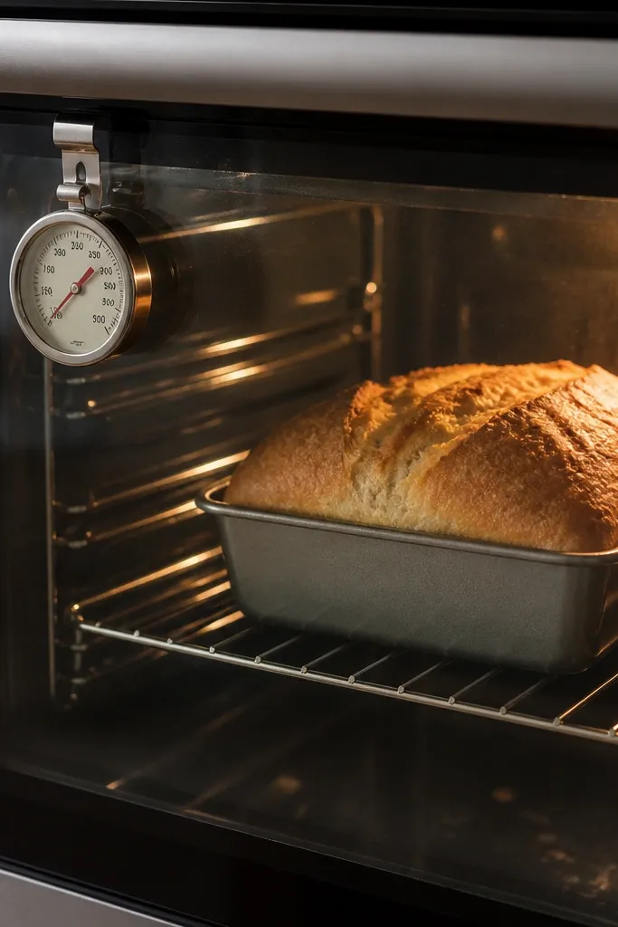 A kitchen oven thermometer clipped inside the oven window area; a loaf baking in a rack with the top turning a medium golden brown, not pale.
